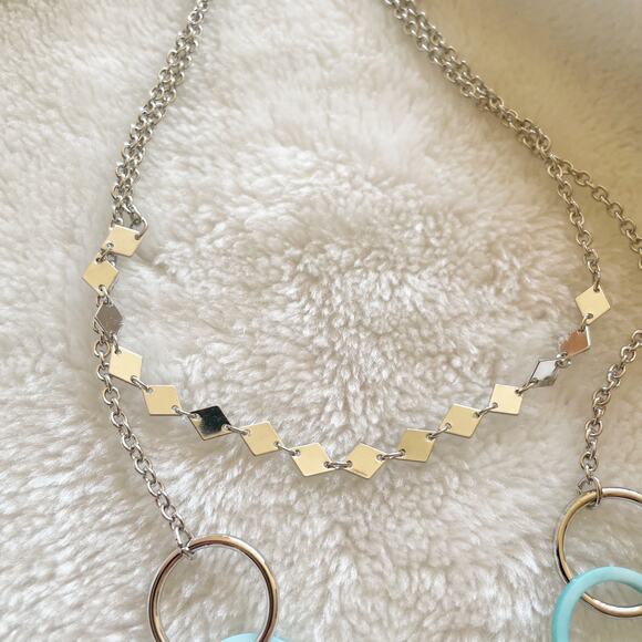 Macy’s Two Row Layered Y Necklace Silver Blue Linked Rings NWOT - Picture 6 of 9